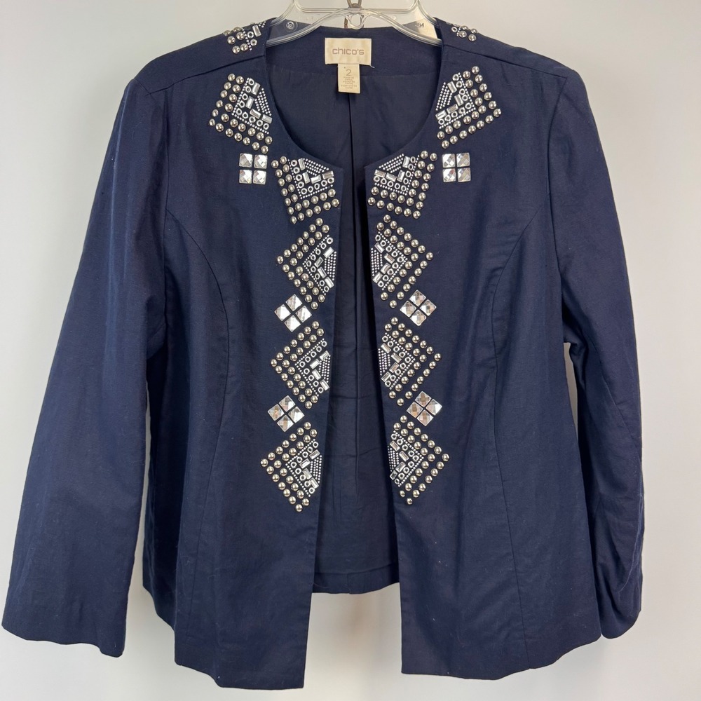Chico's Embellished Linen Blend Jacket Sz 2 12/14 Navy Studded Open Front Blazer